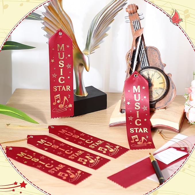 50 Pcs Music Star Ribbons 8 x 2 Inches Maroon Ribbons with Cards and Strings Music Prizes Bookmark Style Awards for Singing Competitions Class Activities Concerts