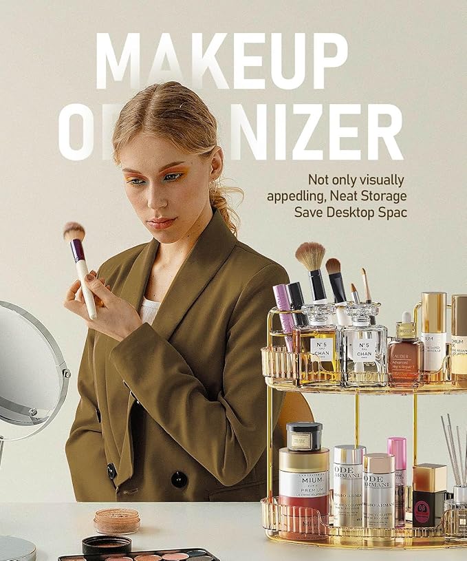 2-Tier Corner Bathroom Counter Organizer Makeup Cosmetic Storage, Tool-Free Installation Acrylic Vanity Shelf, Skin Care Organizer Perfume Tray for Countertop Bathroom, Dresser, Kitchen (Gold)