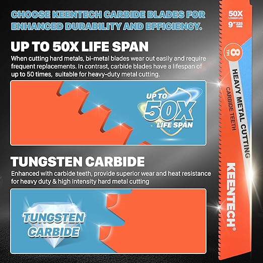 KEENTECH Carbide Sawzall Blades for Hard & Heavy Metal Cutting, 6 Inch 8 TPI, Heavy Duty Reciprocating Saw Blade with High Cutting Speed For Thick Metal, Cast Iron, Alloy Bolt, Stainless Steel, 3 Pack