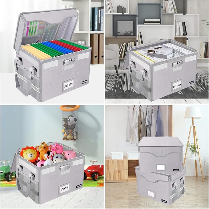 DocSafe File Box Fireproof Document Box with Lock,File Storage Organizer Box with Insert Pockets,Collapsible Portable Filing Box Home Office File Cabinet with Handle for Hanging Folder,Silver,2 Pack