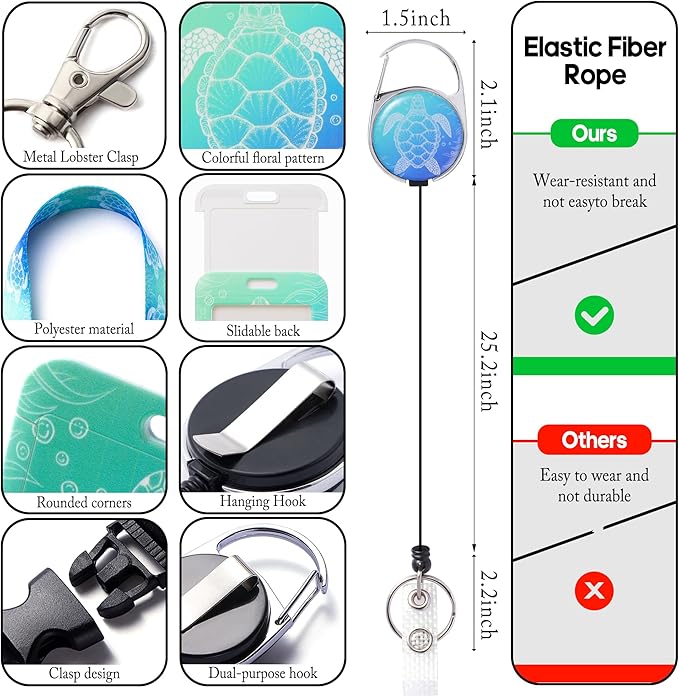 Cute ID Badge Holder with Lanyard Retractable Badge Reel Clip Funny Lanyards for ID Badges Name Tags Retractable Keychain for Teacher Doctor Student Women Men Nurse Accessories for Work (Turtle)