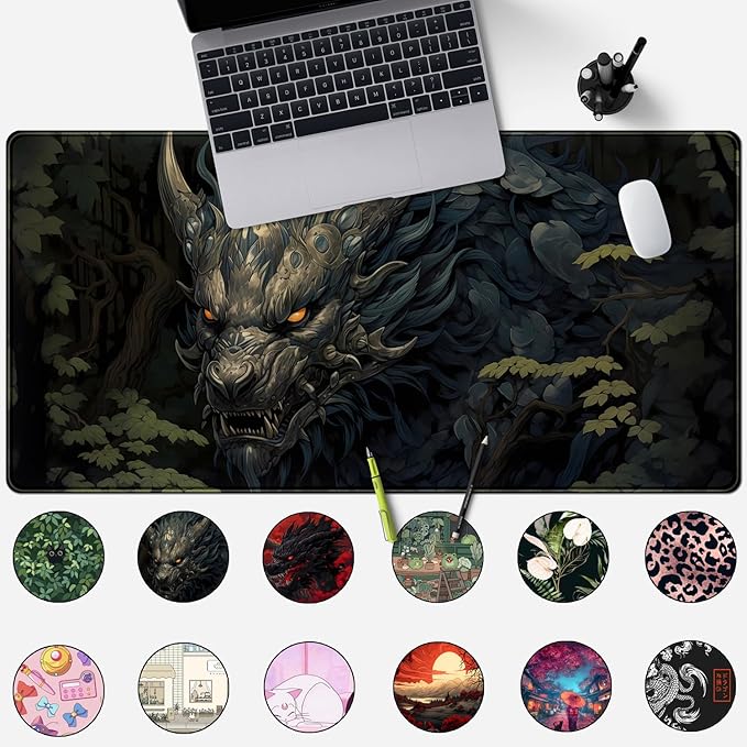 Japan Black Desk Mat Dragon Anime Gaming Mouse Pad Large Desk Pad for Desk Computer Pc Laptop Office Decor for Men, Anime Mouse Keyboard Pad Stitched Edges Non-Slip Rubber Mat Desk Pad, 31.5x15.8 in.
