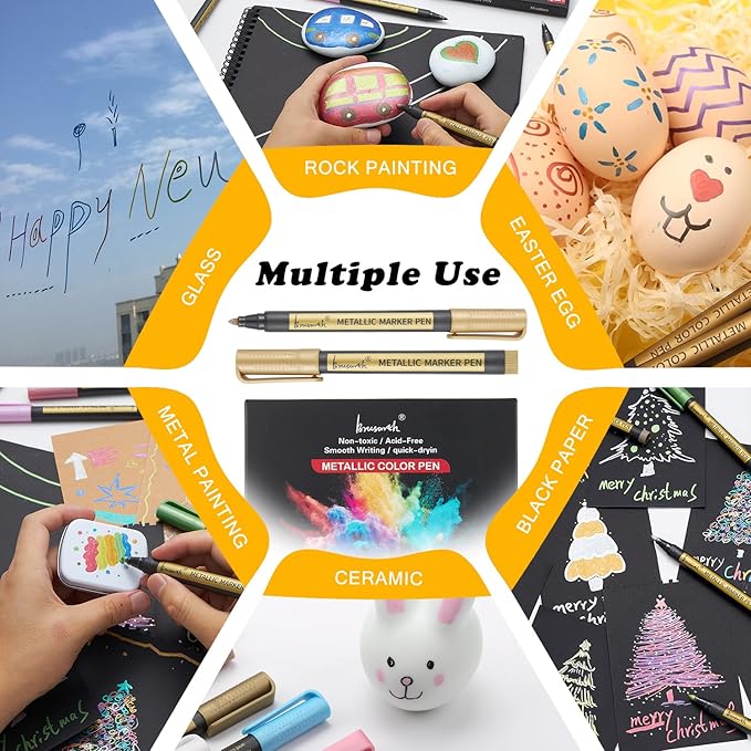 Metallic Marker Pens - 10 Colors Medium Point Metallic Markers for Rock Painting,Black Paper,Scrapbooking Crafts, Card Making,DIY Photo Album,Ceramic