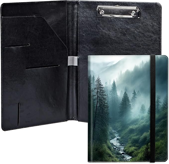 Forest in Rain PU Leather Padfolio Clipboard Notepad with Pen Loop and Elastic Strap Interview/Resume Document Organizer for Business School Office
