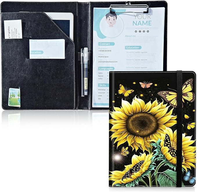 Padfolio Folder with Clipboard,Portfolios Organizer Clipboards with Storage Clipboard Writing Pad PU Leather Conference Document Organizer with Business Card Holder,Sunflower Butterfly