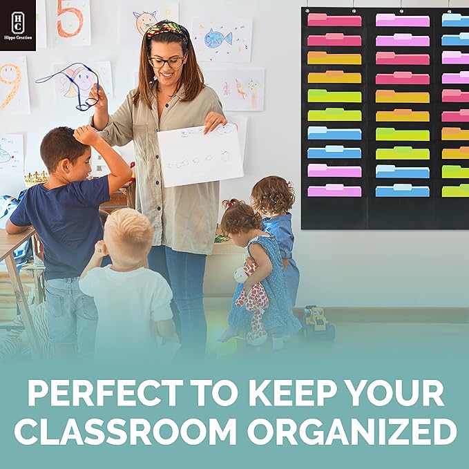 Black Pocket Chart for Classroom - 30 Pocket Storage Rainbow Pocket Charts , 5 Over Door Hangers Included, Hanging Wall File Organizer for File Folders, School Mailbox, Home/Office Papers