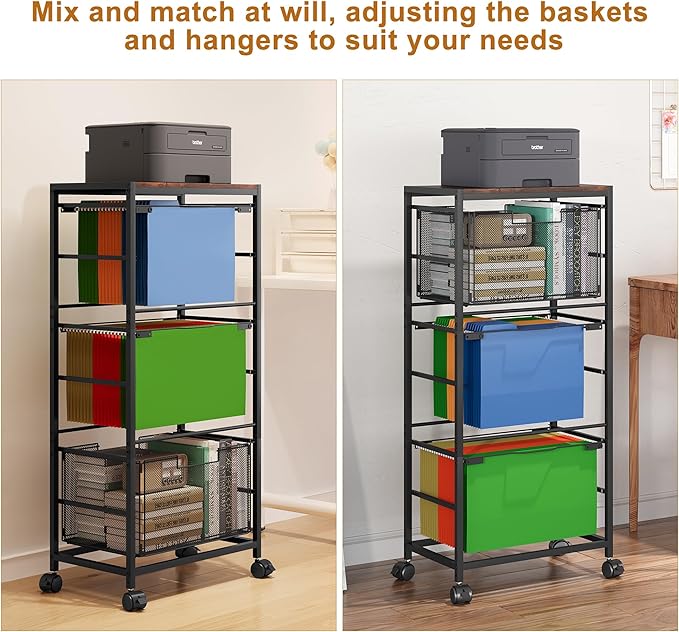 EasyPAG Hanging File Folder Organizer Rolling Cart on Wheels 2 Letter/Legal Size Mobile Hanging File Folder Frame with 1 Pull-Out Drawer for Home Office, Black