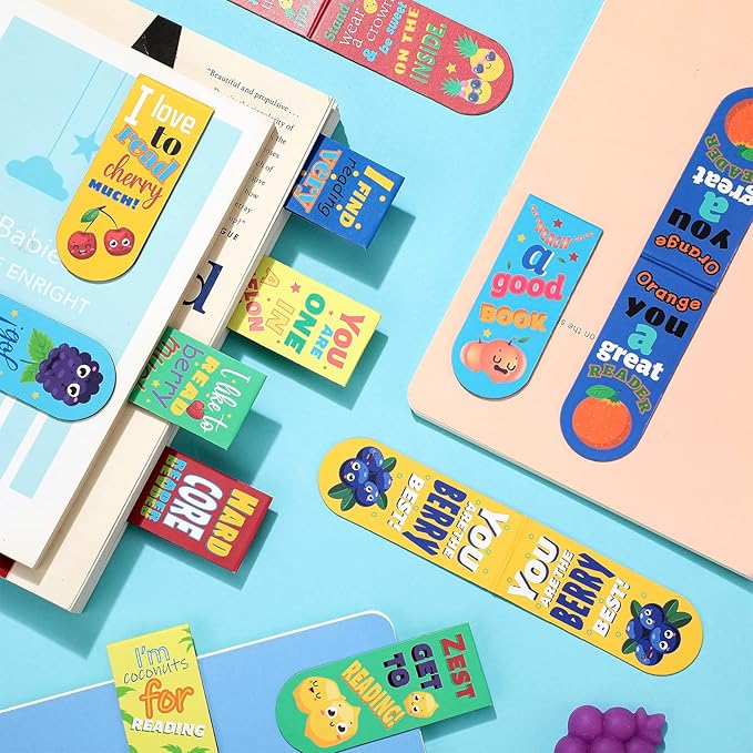 48 Pack Scented Bookmarks Magnetic Scratch and Sniff Bookmarks Fruit Food Bookmarks for Kids Cute Bookmarks with Sayings Christmas Bookmarks for Kids Students Teens Teachers (Fruit Flavor)