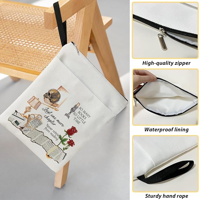 So Many Books So Little Time - Skulls and Roses Book Sleeve, Book Lovers Gifts Book Pouch Book Sleeve with Zipper and Front Pocket Reader Gifts Birthday Gifts for Adult Teen Teacher -04