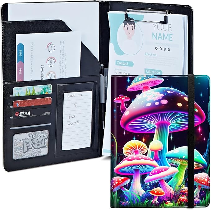 Gorgeous Mushrooms Padfolio Folder with Clipboard,Portfolios Organizer Clipboards with Storage Clipboard Writing Pad PU Leather Conference Document Organizer with Business Card Holder