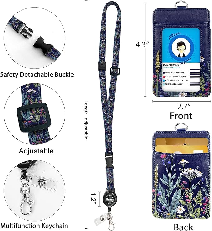 Floral Badge Holders, Vertical PU Leather ID Card Name Bdge Holder with Detachable Neck Lanyard Strap and Retractable Badge Reel Metal Clip Sturdy Buckle for Key Wallet (Wildflower)
