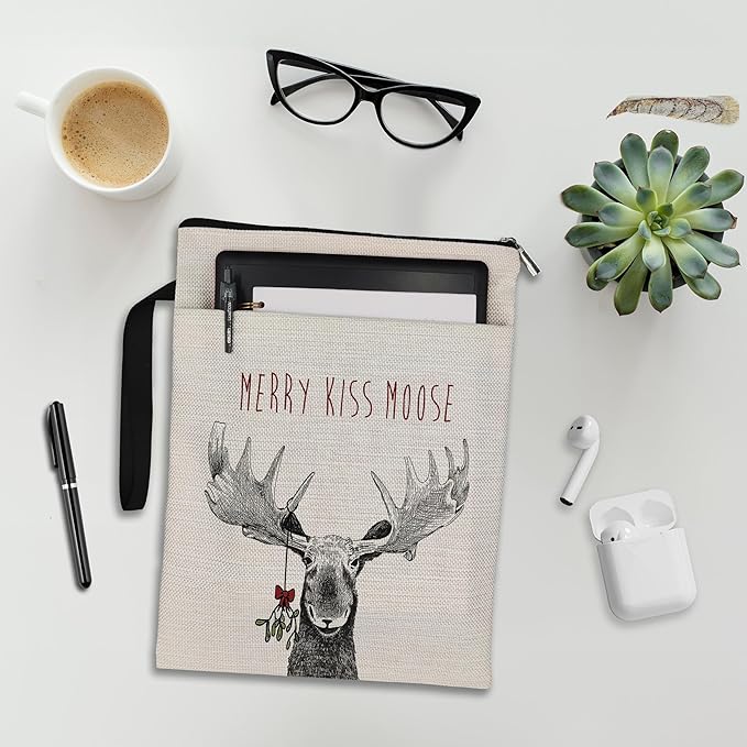 Christmas Book Sleeve,Merry Kiss Moose Christmas Xmas Book Sleeve Book Covers Book Protector Pouch with Zipper,Book Sleeve Gifts for Book Lovers Readers,Book Cover for Paperback 9.4x12.1 Inch