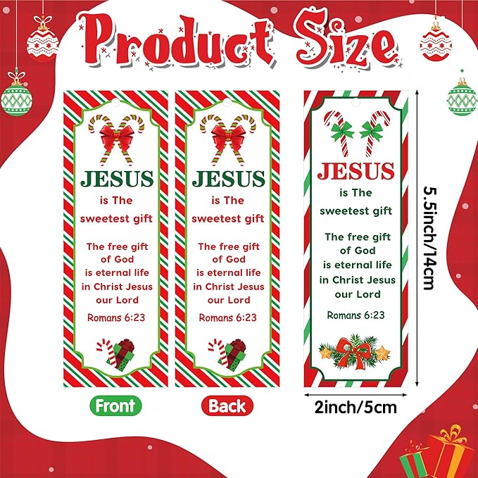 Haooryx Christmas Winter DIY Bookmarks - 240pcs Xmas DIY Bookmark Christmas Candy Cane Pattern Bookmarks Red Ribbons Christian Religious Christmas Bookmark Party Favor School Classroom Students Reward