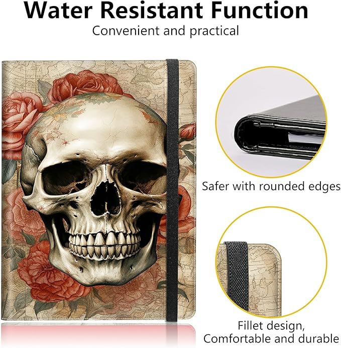 Skull Roses Padfolio Folder with Clipboard,Portfolios Organizer Clipboards with Storage Clipboard Writing Pad PU Leather Conference Document Organizer with Business Card Holder