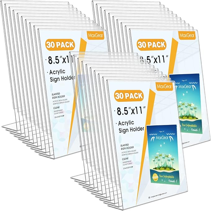 MaxGear Sign Holder 8.5x11 inches, Acrylic Sign Holder Slant Back Sign Holder Clear Sign Holder Plastic Paper Holder Table Top Sign Holder Plastic Display Stand for Office, Store, 30 Pack