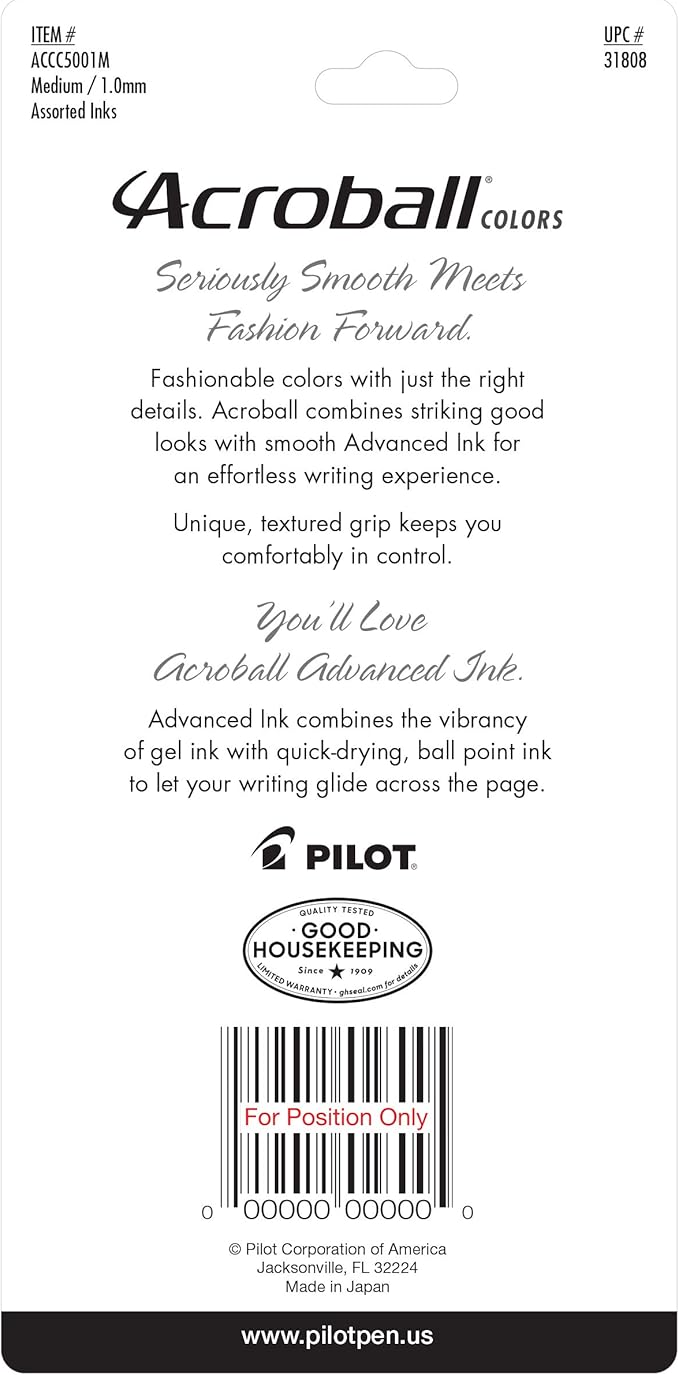 PILOT Acroball Colors Advanced Ink Refillable & Retractable Ball Point Pens, Medium Point, Black Ink, 5-Pack (31808)