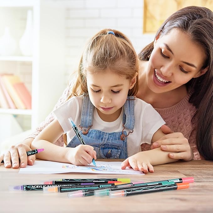 SMOOTHERPRO Acrylic Paint Markers, 12 Colors Dual Tip Acrylic Paint Pens for Wood, Rocks, Canvas, Pumpkins, Fabric Markers Set for Glass, Plastic, Ceramic, DIY, Easter, Gift(DAP12)