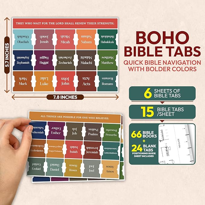 Bible Tabs for Women, Men, Kids, 90 Large Print Bible Index Tabs for Study Bible, Laminated Easy-to-Read Label, Christian Gift for Church, Boho