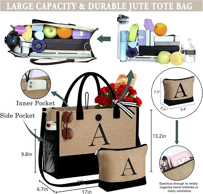 YOOLIFE Christmas Gifts for Women - Initial Jute Tote Bag & Makeup Bag, Birthday Gifts for Women Her Mom Teacher Friend