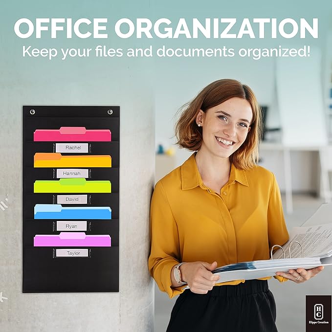 Hippo Creation Heavy Duty Storage Pocket Chart for Classroom, 5 Pocket Storage Organizer with 2 Over-Door Hangers, Hanging Wall Organizer for File Folders, School Mailbox, Home Office Papers - Black