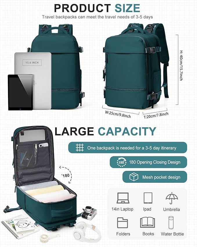 Small Carry on Backpack, Mini Travel Backpack Airplane Approved Weekender Bag for Women Men, Water Resistant Lightweight Daypack with Shoe Compartment, Laptop Backpack for Business, Peacock Blue