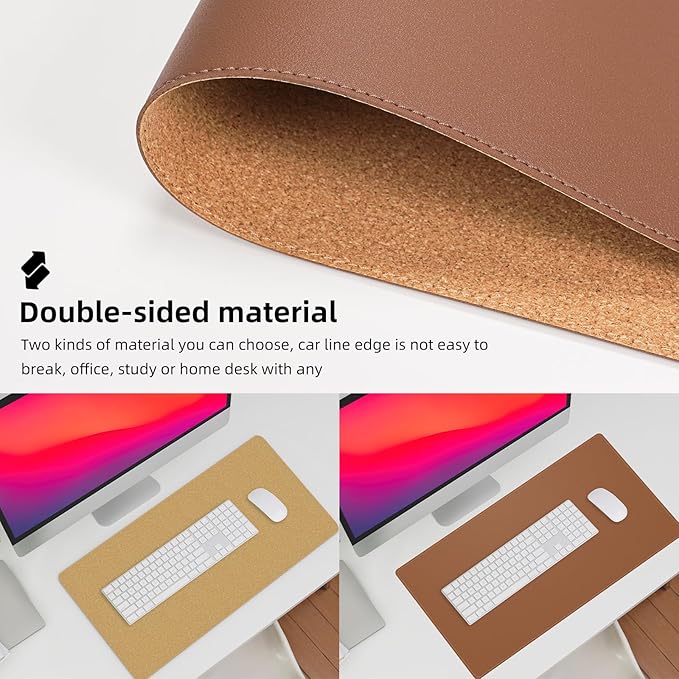 AFIING Dual-Sided Desk Pad, Natural Cork & PU Leather, Desk Mat Protector Non-Slip, Waterproof, Easy Clean,Large Mouse mats for Office and Home Work(Brown, 31.5"x17")