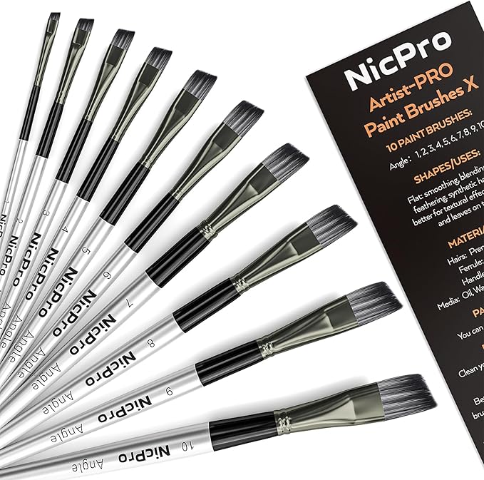 Nicpro 10 PCS Angular Paint Brush Set, Soft Anti-Shedding Nylon Hair Long Handle Angled Paint Brushes, Suitable for Artists and Beginners for Watercolor, Acrylics, Ink, Gouache, Oil, Tempera