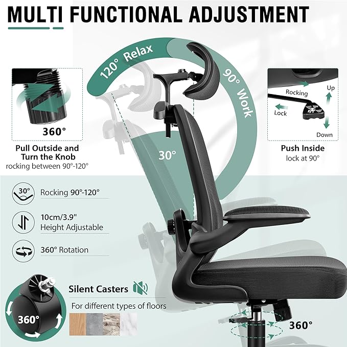 Office Chair, Ergonomic Office Chair with 3D Lumbar Support 3D Headrest, Comfy High Back Home Desk Chairs, Breathable Mesh Computer Chairs with Flip-Up Armrests & Hanger(Black)