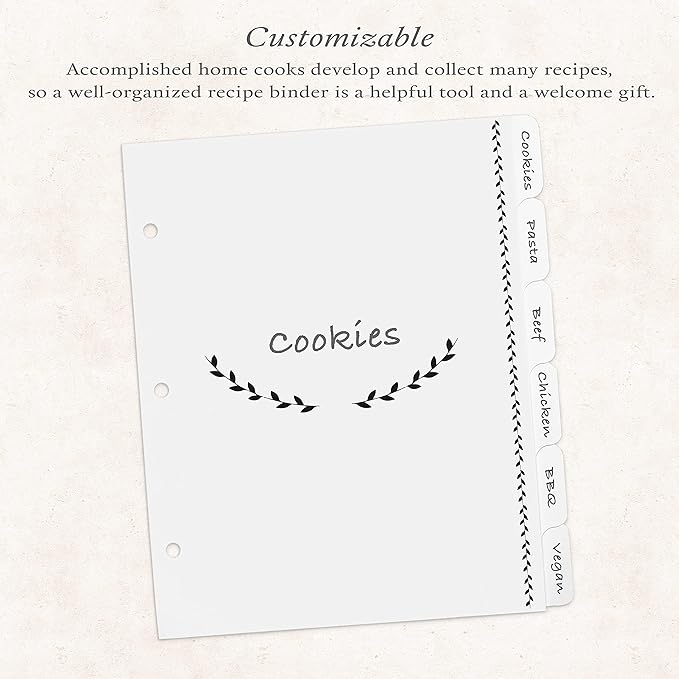 Jot & Mark Blank Recipe Binder Dividers with Tabs | Six Customizable Organizer Dividers for 8.5"x9.5" 3-Ring Binders (Black & White)