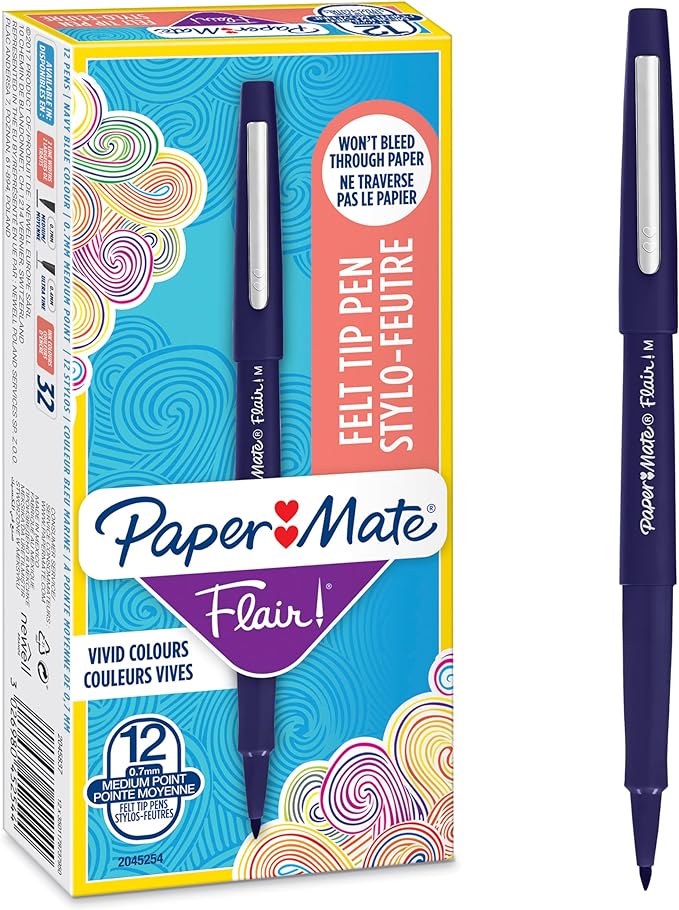 Paper Mate Flair Felt Tip Pens | Medium Point (0.7 mm) Writing Pens | Navy Blue Pens | for Writing, Drawing & Sketching | 12 Count