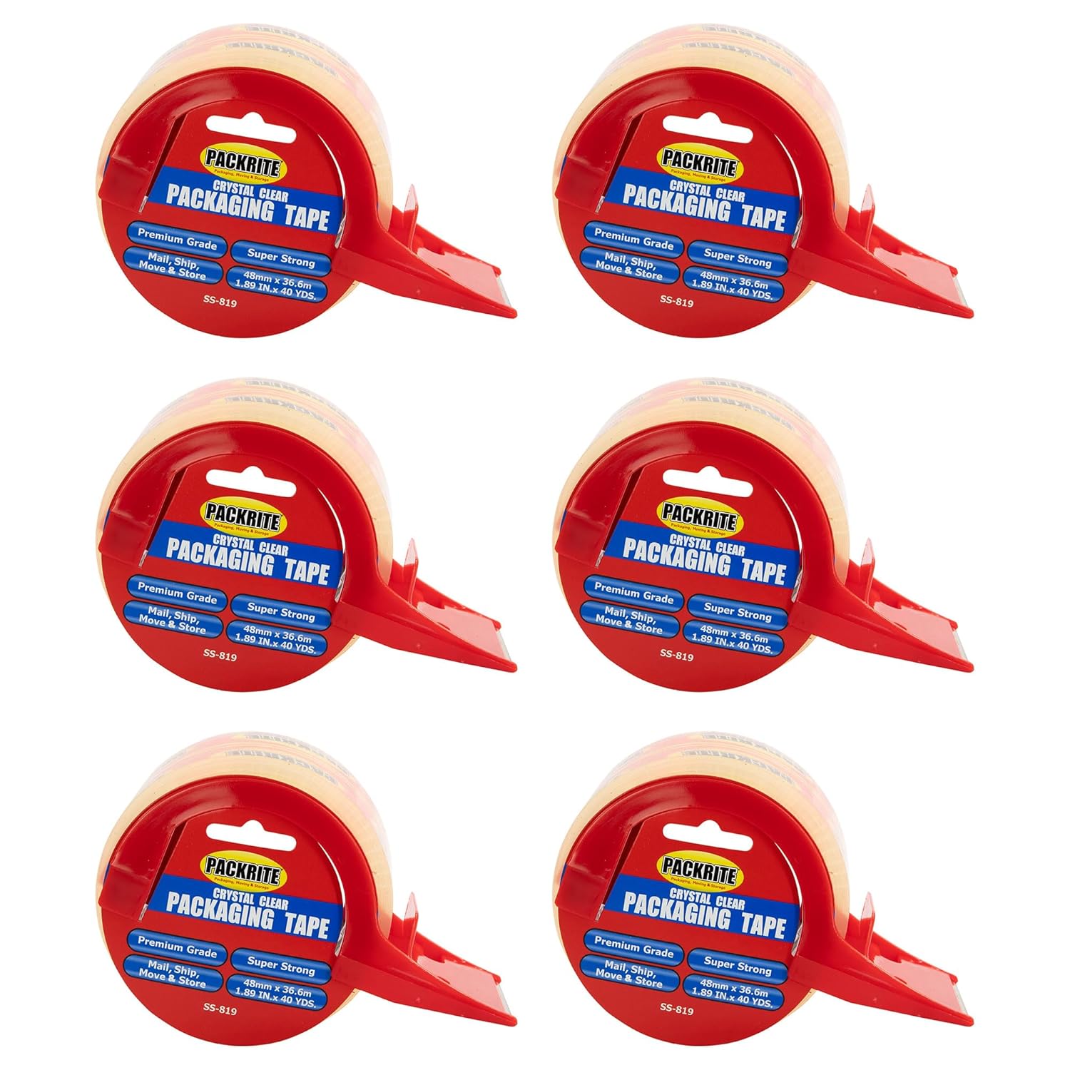 Crystal Clear Packing Tape with Dispenser, 6 Rolls of Heavy Duty Shipping and Moving Packaging Tape, 2 Inch x 40 Yards Each (240 Yards Total)