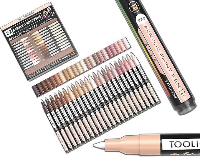 Acrylic Paint Pens 22 Skin Tones Assorted Pro Color Series Markers Set 0.7mm Extra Fine Tip for Rock Painting, Glass, Mugs, Wood, Metal, Canvas, Projects, Non Toxic, Waterbased, Quick Drying