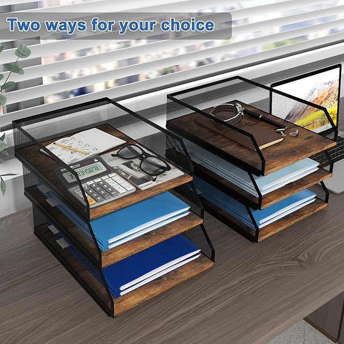Natwind 3-Tier Stackable Paper Tray, Metal Mesh Desktop Organizer, Wood Board Paper Sorter, Letter Trays,File Document Storage Rack for for Home, Office, School (Retro)