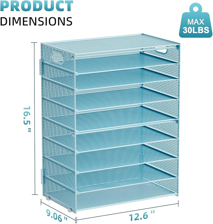 Marbrasse Paper Organizer Letter Tray, 9 Tier Mesh File Organizer with Handle, Paper Sorter Desk Organizer for Home Office Supplies - Blue