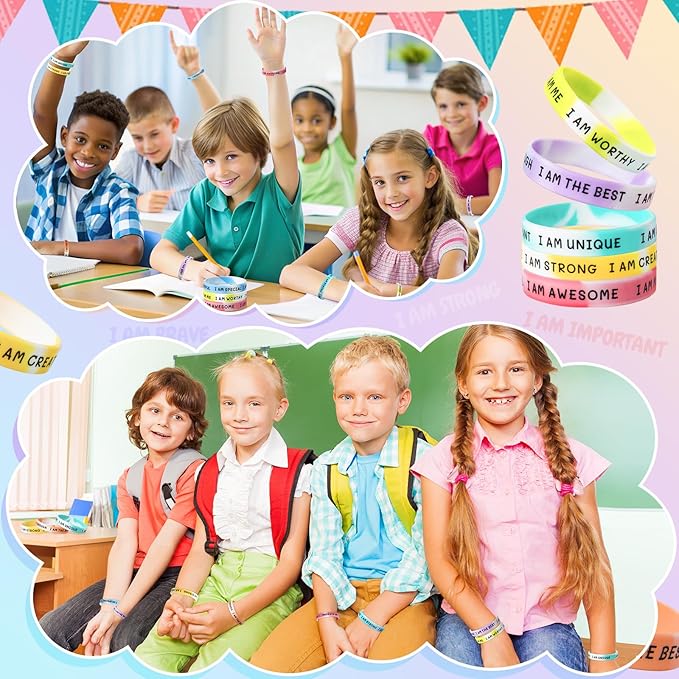 100 Pieces Students Inspirational Silicone Wristbands Motivational Quotes Rubber Bracelets for Kids Students Back to School Gifts (Swirl Colours)