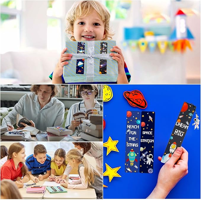 Christmas Space Theme Bookmarks with Metal Charms Planet Rocket Space Ship Theme Bookmarks Inspirational Quotes Bookmarks for Space Christmas Party Favors Gifts Kids Boys Girls Encourage(48 Pieces)