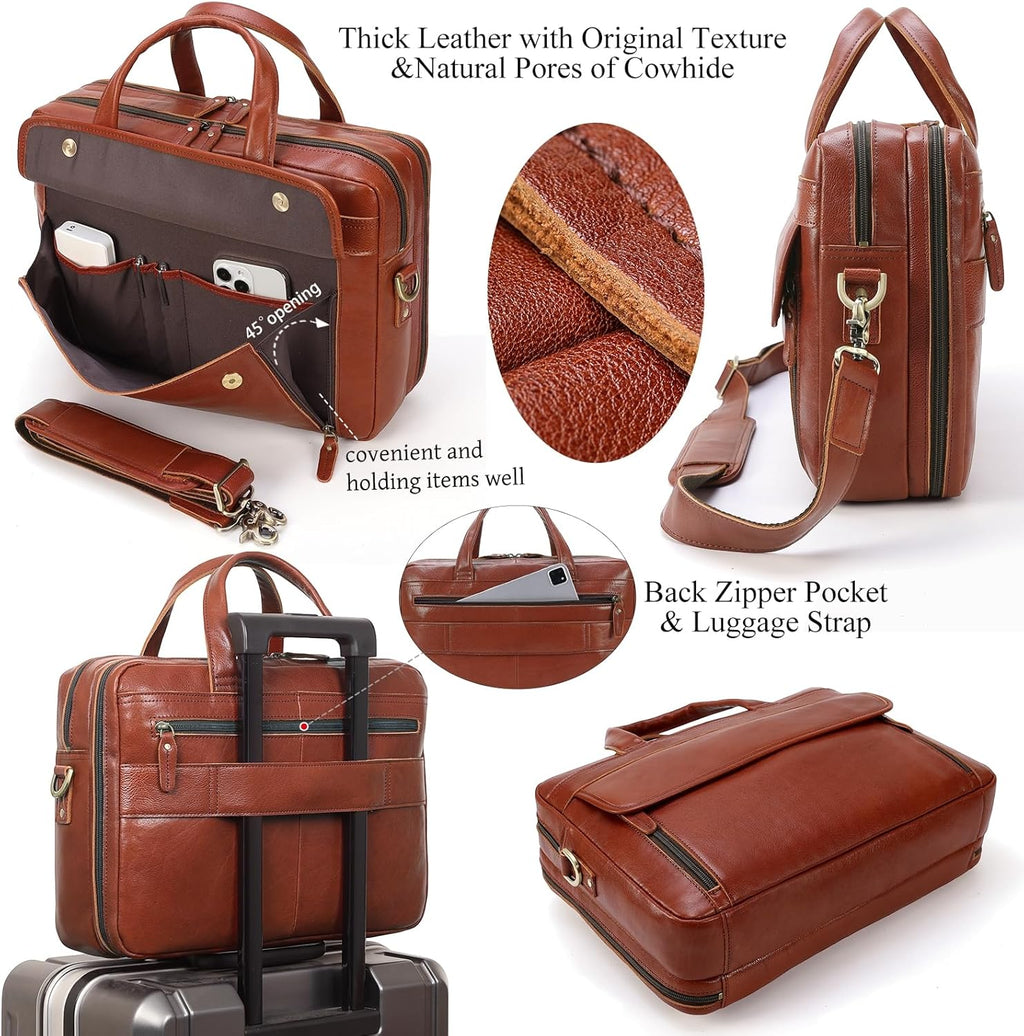 Masa Kawa Leather Briefcase for Men 15.6" - 17" Laptop Computer Case Business Travel Work Messenger Cross Body Shoulder Bag