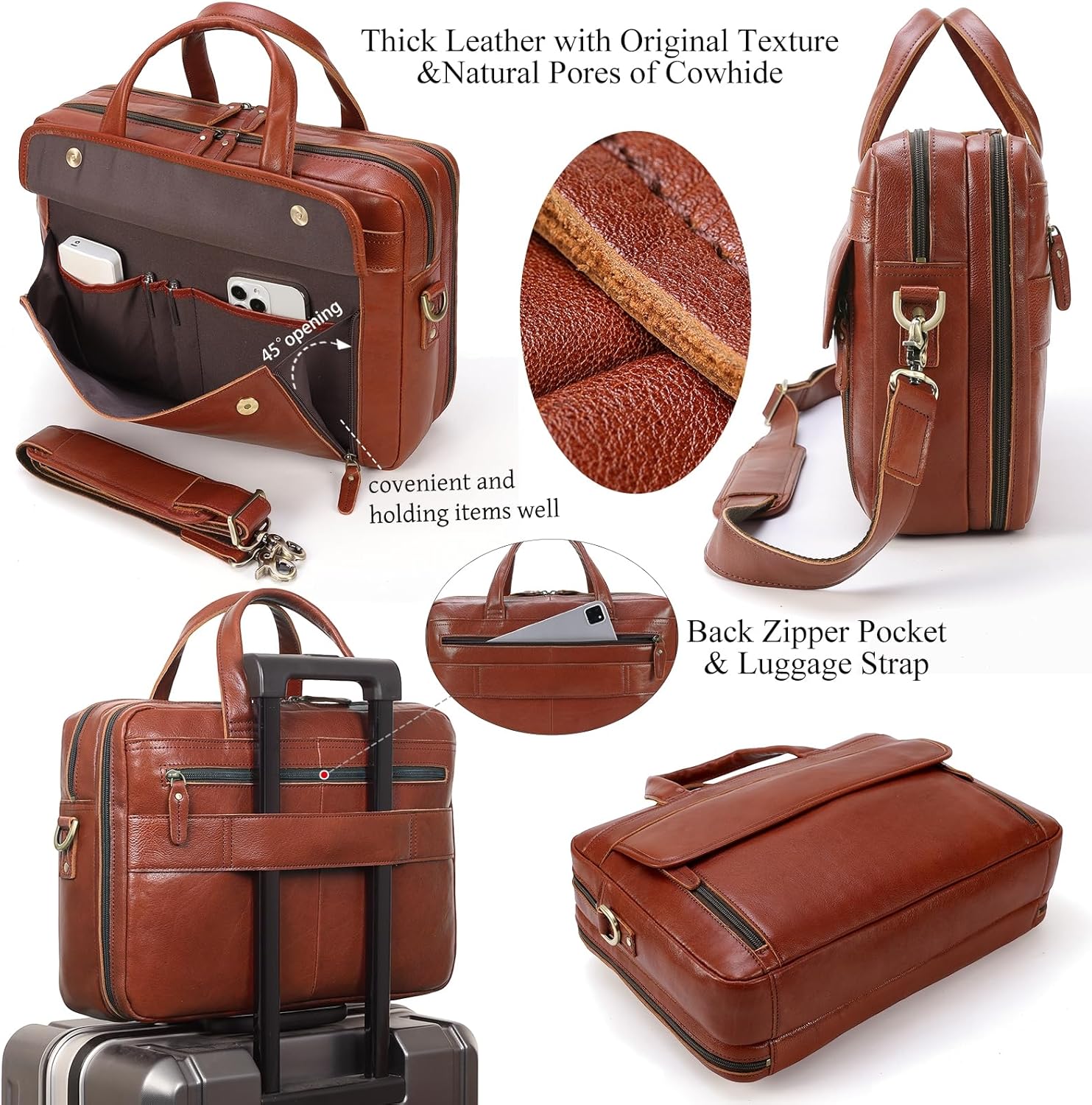 Masa Kawa Leather Briefcase for Men 15.6" - 17" Laptop Computer Case Business Travel Work Messenger Cross Body Shoulder Bag