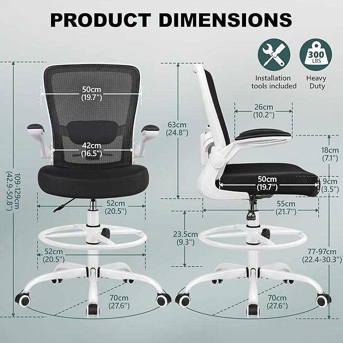 FelixKing Drafting Chair Ergonomic Tall Office Chair, Breathable Mesh Chair with Adjustable Footrest Ring Lumbar Support Flip-up Armrests, High Back Executive Comfy Task Computer Chair for Home Office