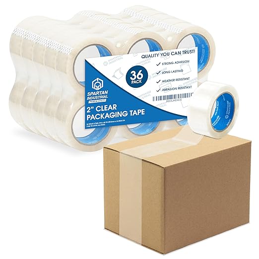 Spartan Industrial - 2" X 60 yd Clear Shipping Tape Rolls - 36 Rolls of Heavy Duty Box Tape for Moving, Packing, Shipping, Storage - 2.7 Mil