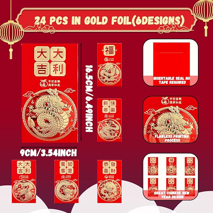 48 Pcs Chinese Red Envelopes 2024 Lucky Money Envelopes Hong Bao Red Pocket Envelope for Money Year of the Dragon 2024 Gifts for Spring Festival Wedding Birthday
