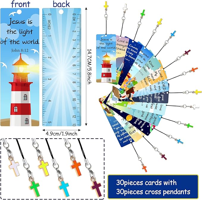 30 Pieces Christian Bookmarks for Kids Bible Verse Bookmarks with Cross Pendants Scripture Inspirational Quotes Bookmarks School Gifts Church Supplies for Kids Teens Adult Teachers