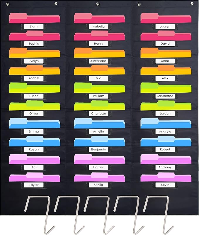 Hippo Creation Heavy Duty Storage Pocket Chart for Classroom, 30 Pocket Storage Organizer with 5 Over-Door Hangers, Hanging Wall Organizer for File Folders, School Mailbox, Home Office Papers - Black