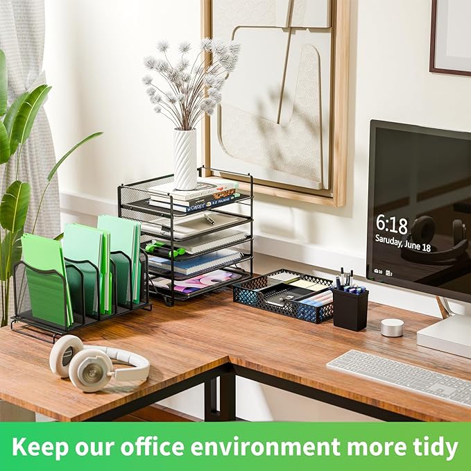 Simple Trending 5 Tier Mesh Desk File Organizer, Paper Letter Tray File Holder with Sliding Drawer Organizer for Office Home, Black