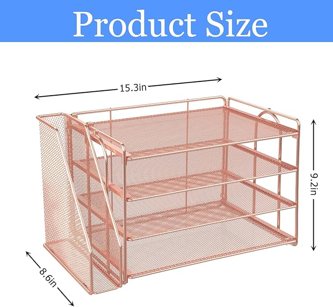 gianotter 4-Tier Paper Organizer With Magazine Holder, Desk Organizers and Accessories, Cute Desk Accessories for Women, File Organizer for Office Supplies Storag(Rose Gold)
