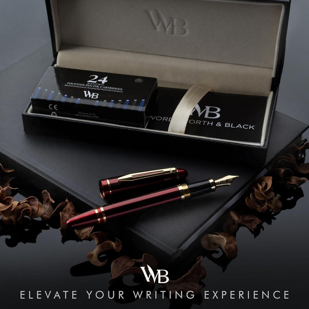 Wordsworth & Black Majesti Fountain Pen-(Red), Luxury Case, 24K Gold Finish; 18K Gilded Extra Fine Nib- Ink Cartridges, Refillable Ink Converter-Calligraphy Pen-Best Business Gift Set for Men & Women