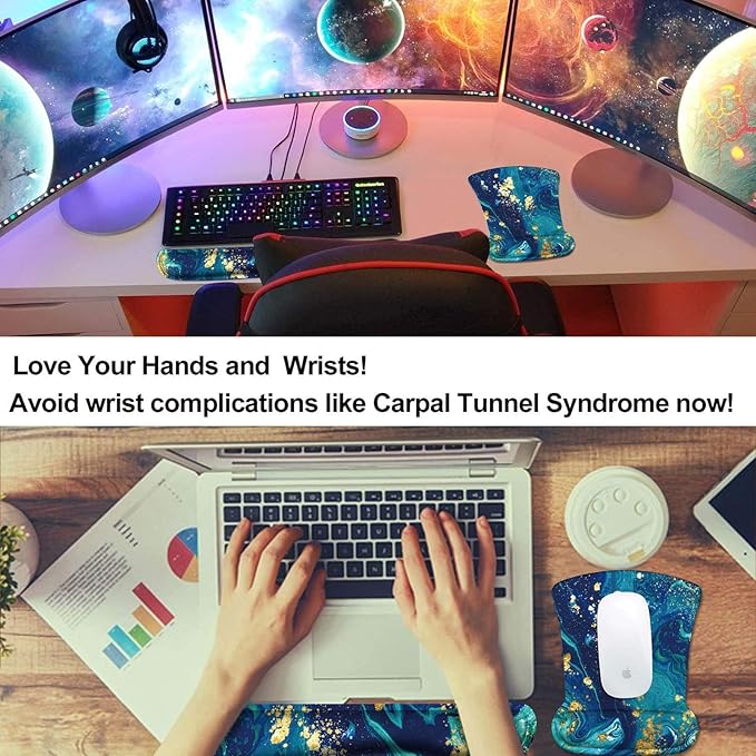 iCasso Keyboard Wrist Rest and Mouse Wrist Rest Pad, Made of Memory Foam, Ergonomic Support, Easy Typing and Relieve Wrist Pain, Perfect for Gaming, Computer, Office, Laptop (F-Blue Gold)