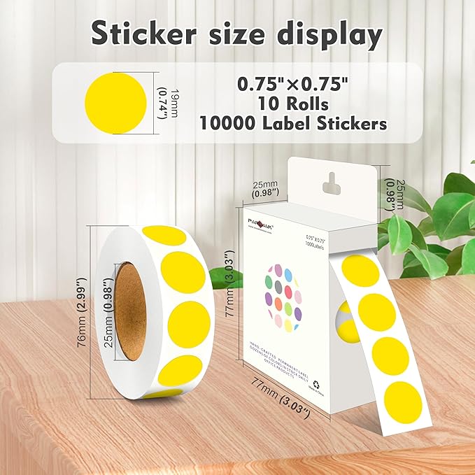 PARLAIM 3/4 Inch Roll Color Coding Labels,10000 per 10Rolls Round Permanent Adhesive Color Coding Circle Dot Stickers for Office Home (Yellow)