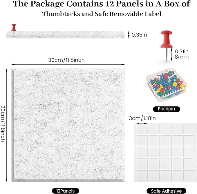 Large Cork Board for Office White Grey Felt Board Alternative-12 Pack Felt Wall Tiles for Office Wall Decor,Felt Bulletin Board Tiles,Push pin Board Wall Organizer for Office