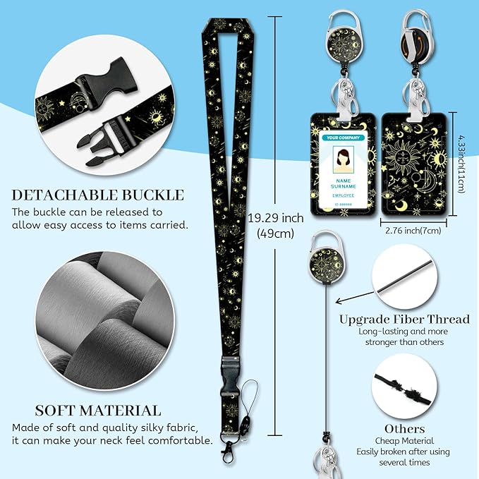 Lanyards for Id Badges, Sun Moon Badge Holder with Retractable Reel Clip, Work Name Tags Keychain Lanyard ID Card Protector Cover Case for Women Teacher Nurse Nursing Doctor Office